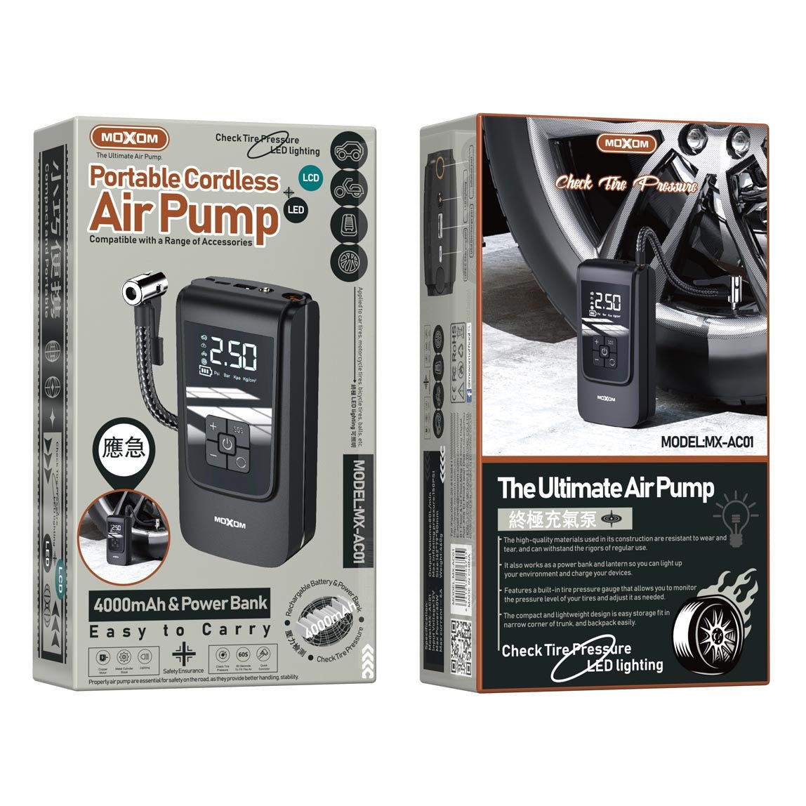 Pompe à Air Portable et Gonfleur MOXOM MX-AC01 avec Power Bank 4000mAh